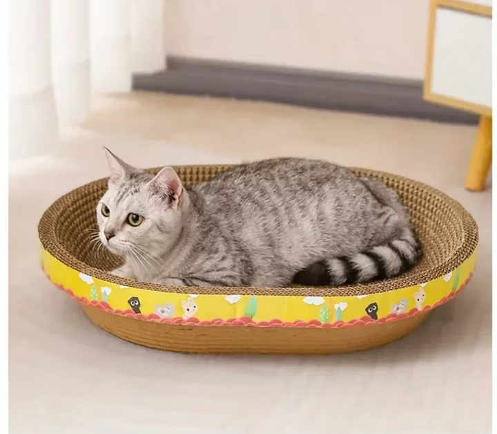 Modern corrugated cat scratcher post and comfortable pet lounge bed for daily use.