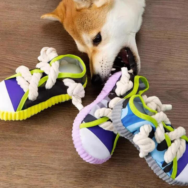Durable dog chew toy shaped like a shoe, perfect for anxiety relief and aggressive chewers.