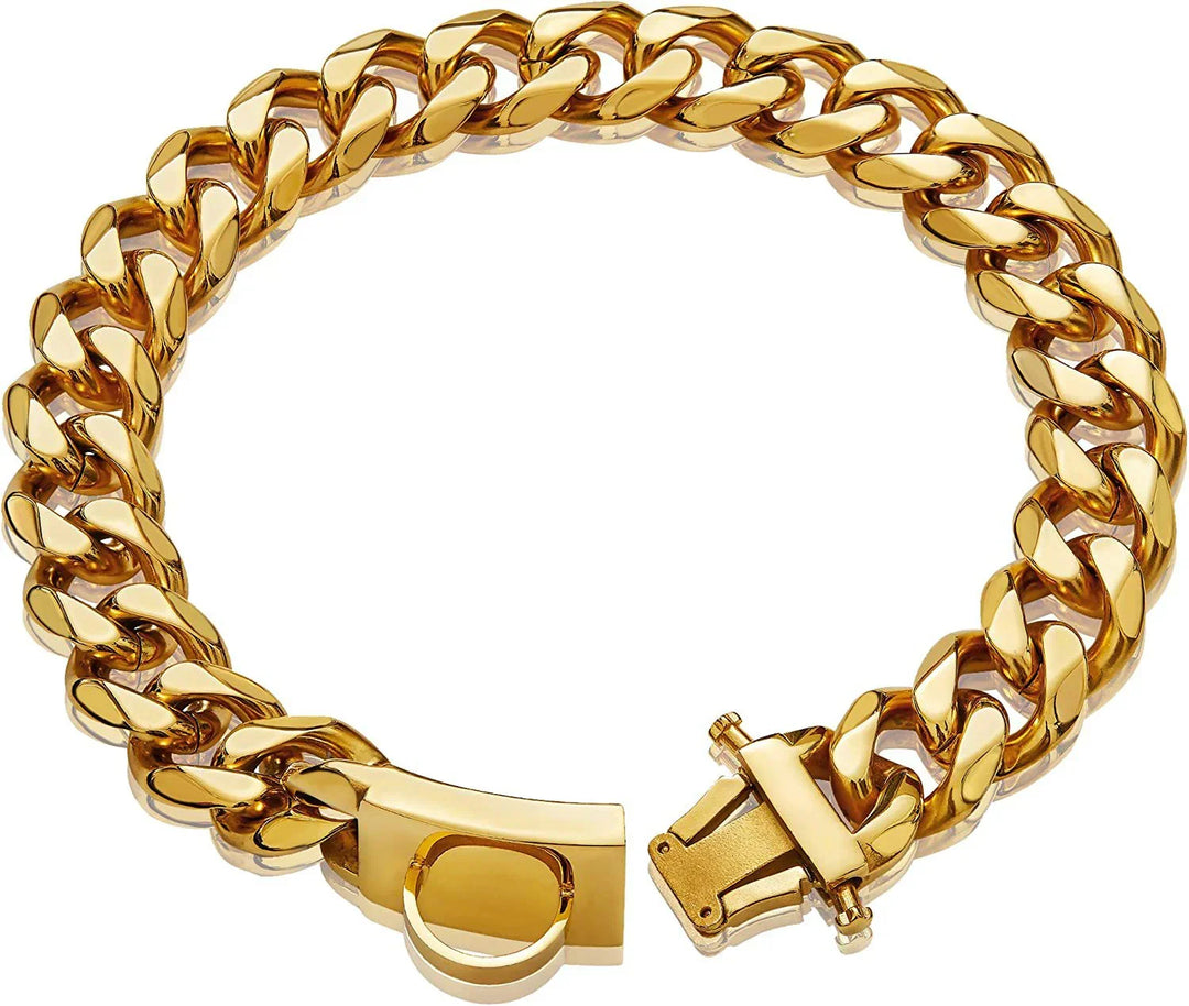 Durable gold titanium steel dog collar for large & medium breeds. A stylish & luxury pet accessory.