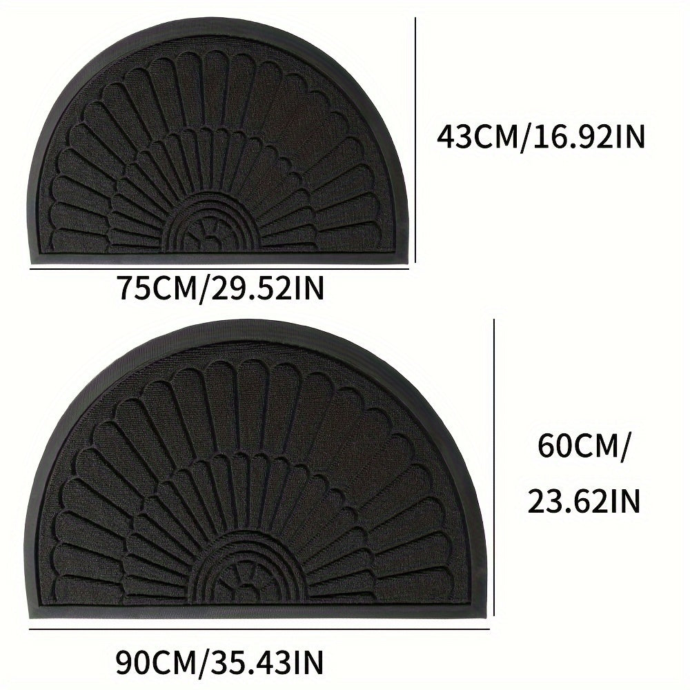 Weather-resistant half-round door mat made from durable rubber.