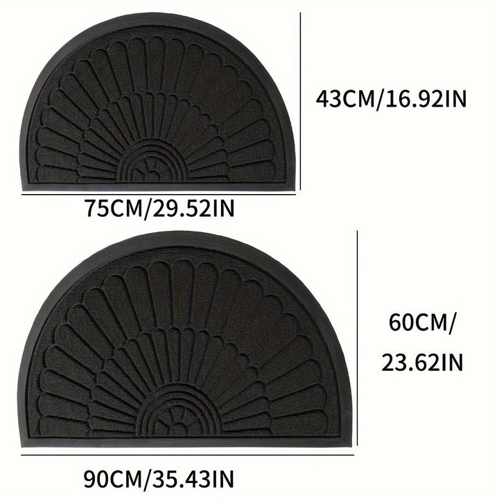 Weather-resistant half-round door mat made from durable rubber.