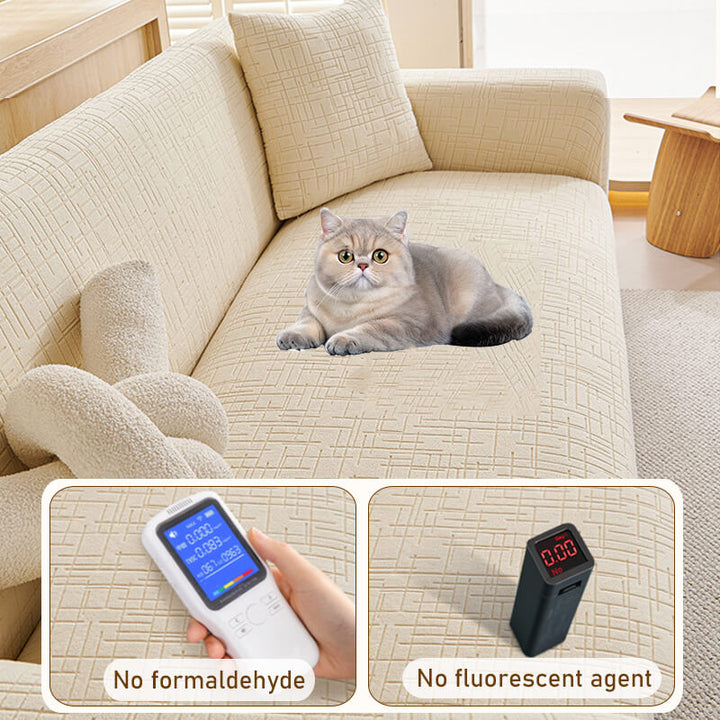 Anti-scratch jacquard pet sofa cover in brown, an elastic & washable solution for busy homes.
