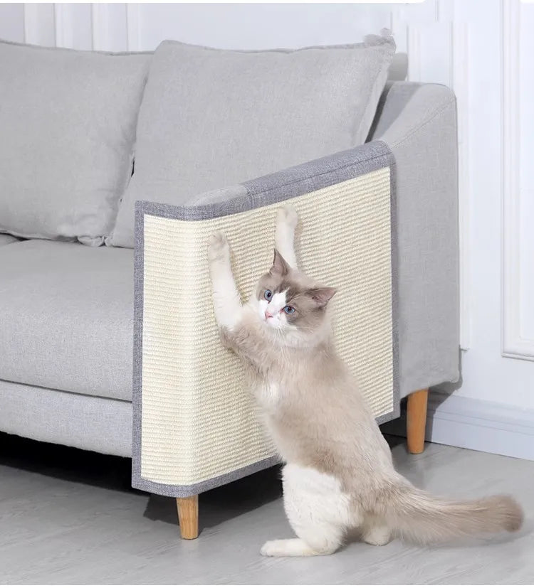 Durable light grey sisal cat armrest scratch protector for furniture.