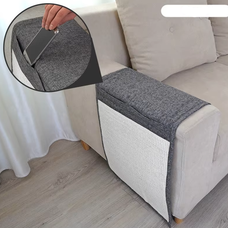 Light grey sisal cat scratch protector, shields armrests from feline claws.