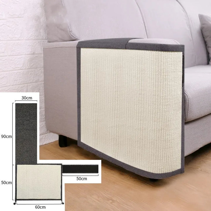 Cat accessory: Armrest scratch guard made from durable light grey sisal mat.