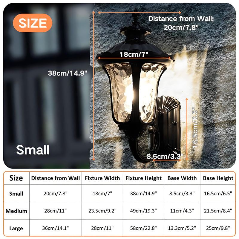 Durable outdoor waterproof wall light with clear glass shade for home exterior.