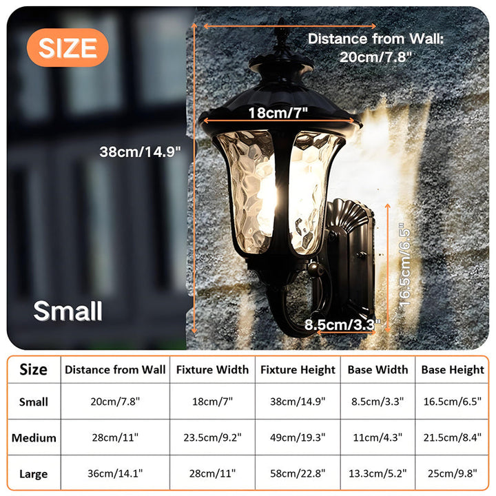 Durable outdoor waterproof wall light with clear glass shade for home exterior.