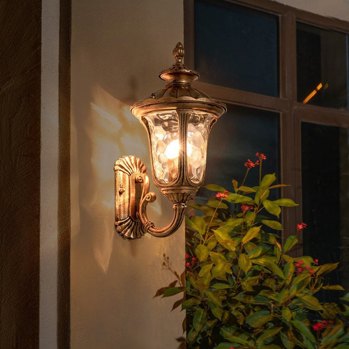 Black outdoor wall sconce, waterproof and designed for enduring garden lighting.