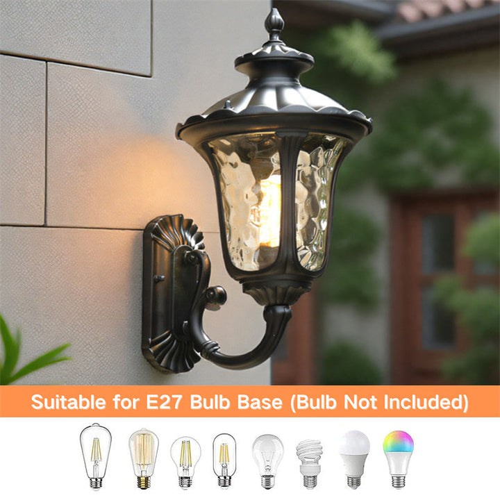 Black finish exterior wall sconce, waterproof for porch and patio lighting.