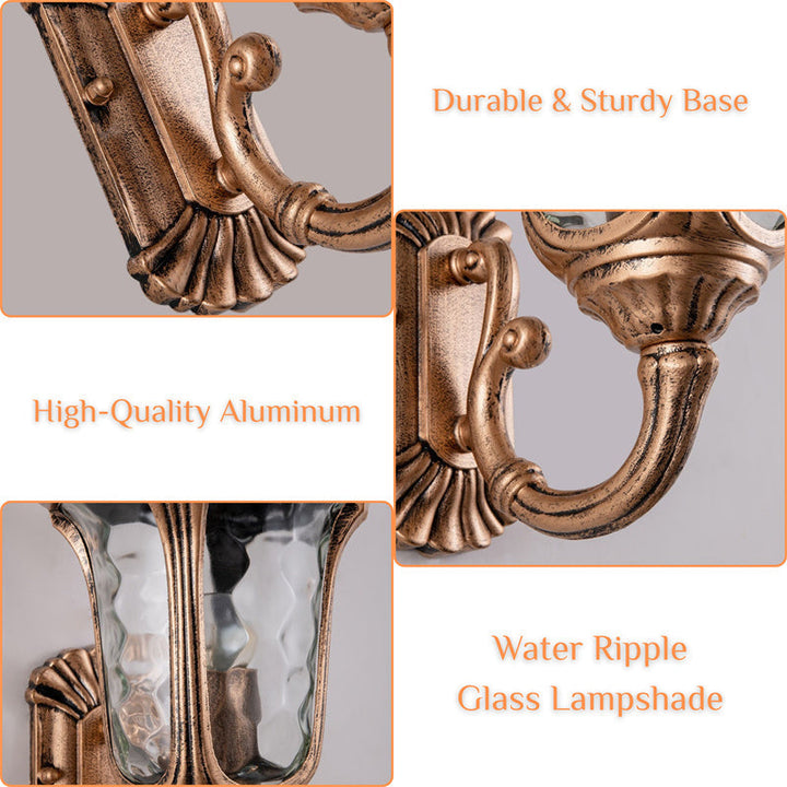 Weatherproof wall mounted garden light with a stylish glass shade.