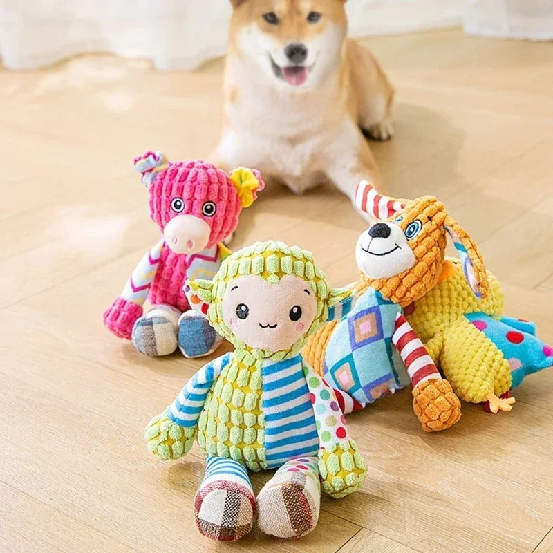 Durable squeaky plush dog toy for interactive play, featuring reinforced seams.