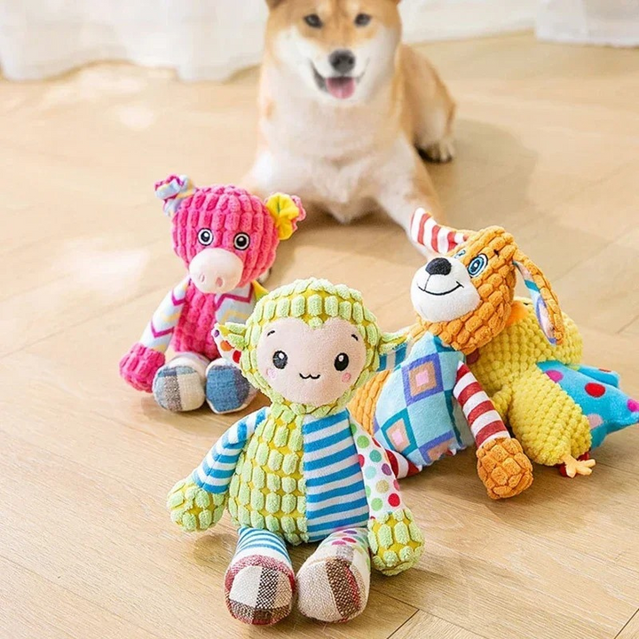 Durable squeaky plush dog toy for interactive play, featuring reinforced seams.