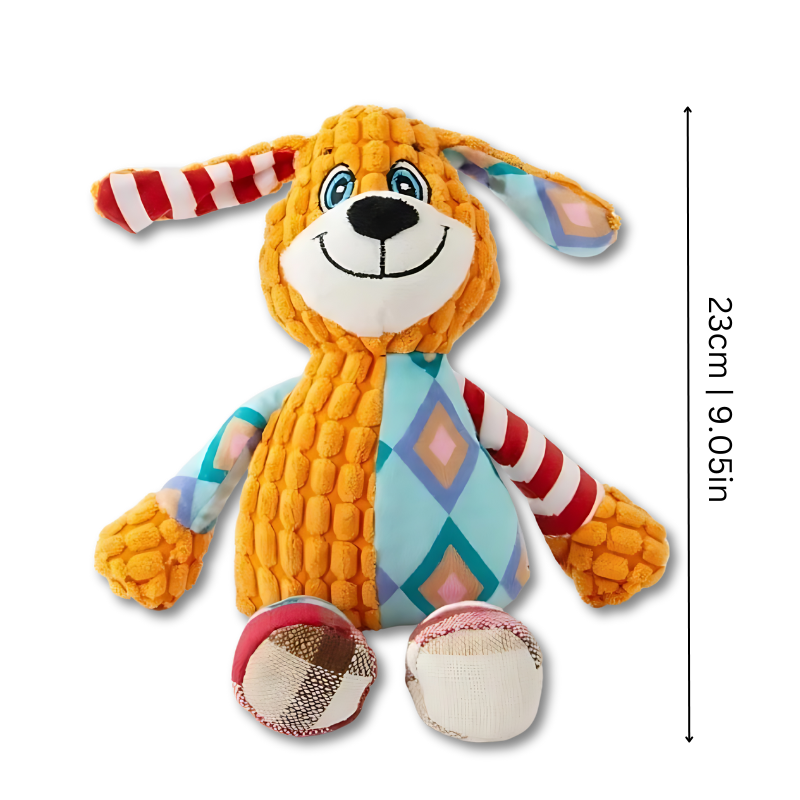 Close-up of a soft, plush dog toy with a built-in squeaker for added fun.