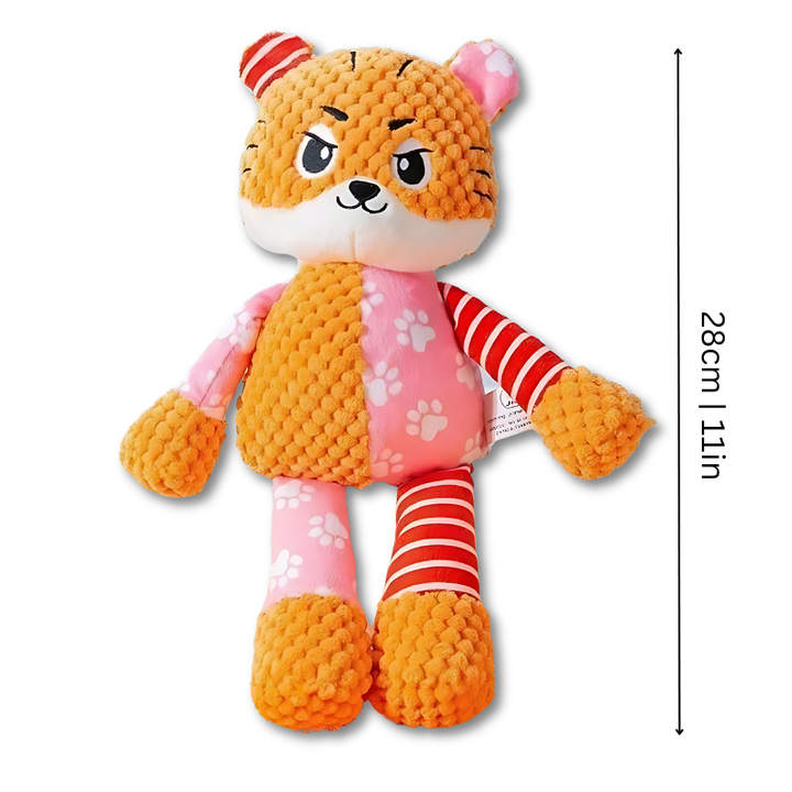 Interactive plush dog toy with a loud squeaker to encourage active play.