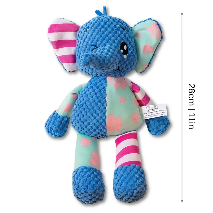 Round, squeaky plush dog toy in blue, perfect for games of fetch.