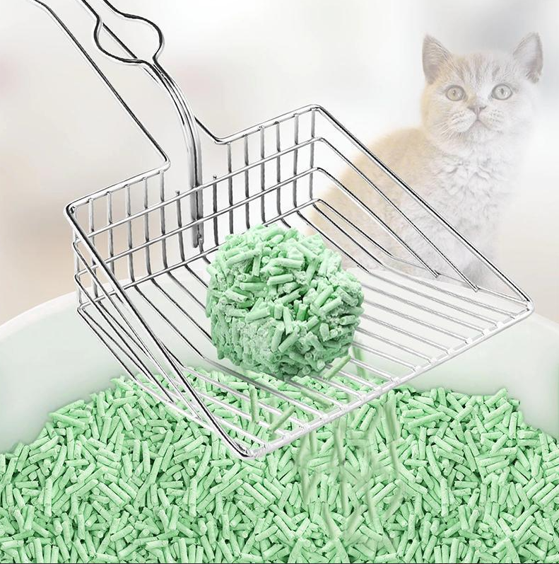 Durable stainless steel cat litter scoop for efficient and hygienic litter box cleaning.