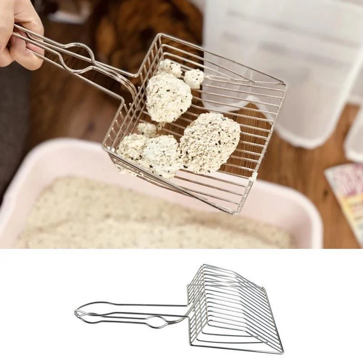 Stainless steel cat litter scoop with sifting slots for quick, easy, and hygienic litter box cleaning.