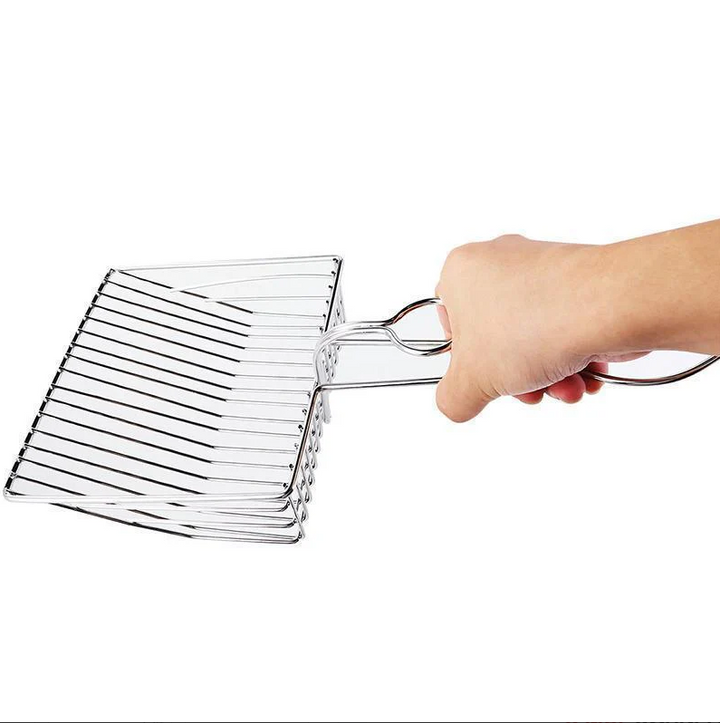 Ergonomic stainless steel cat litter scoop, making daily litter box cleaning simple and hygienic.