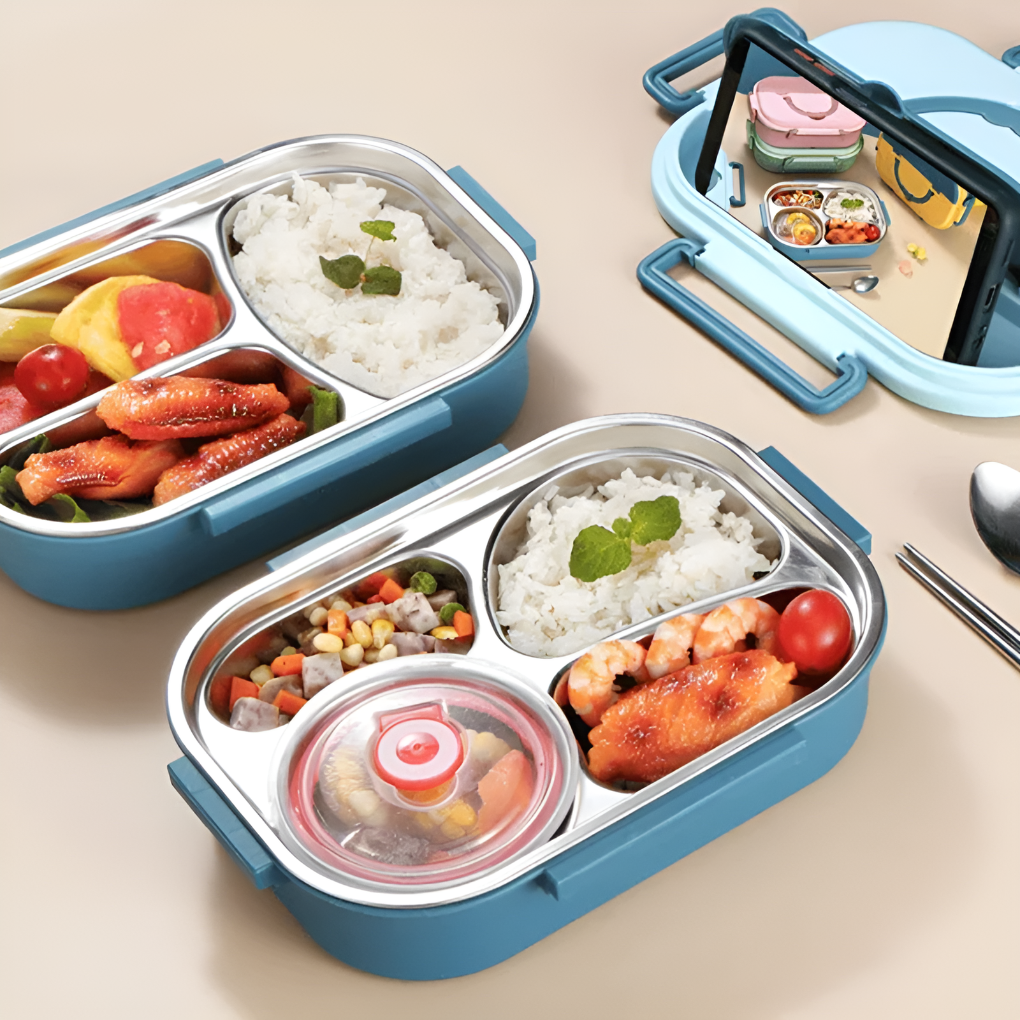 Leak proof stainless steel bento box for meal prep and travel food.