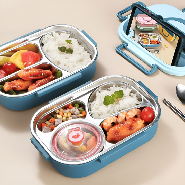 Leak proof stainless steel bento box for meal prep and travel food.