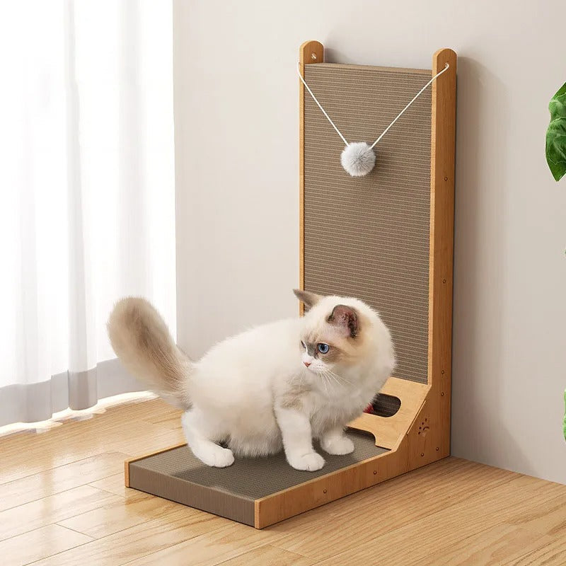 Durable wood-edged cat scratcher stand protecting furniture from claw damage.