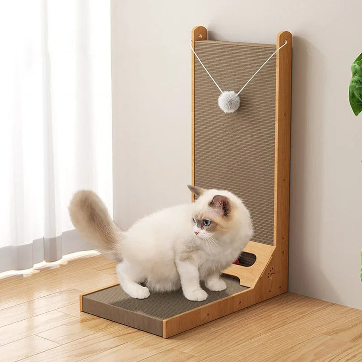 Durable wood-edged cat scratcher stand protecting furniture from claw damage.