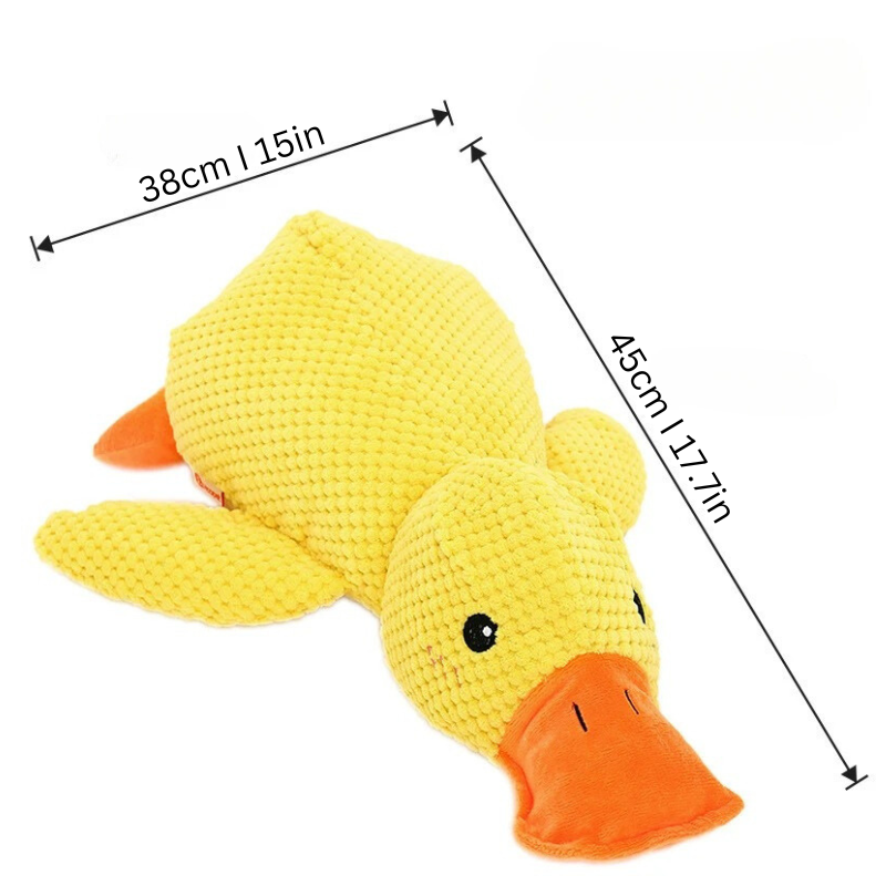 Interactive yellow duck dog toy, a tough and engaging chew toy for all dog sizes.