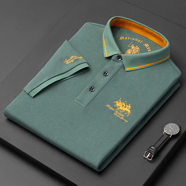 Man wearing the Earl Men's Classic Fit Polo Shirt in white, highlighting its tailored fit and short sleeves.