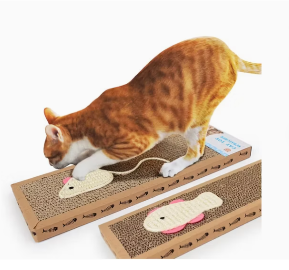 Eco-friendly cat scratching mat with durable corrugated cardboard & fun fish toy for feline playtime & furniture protection.