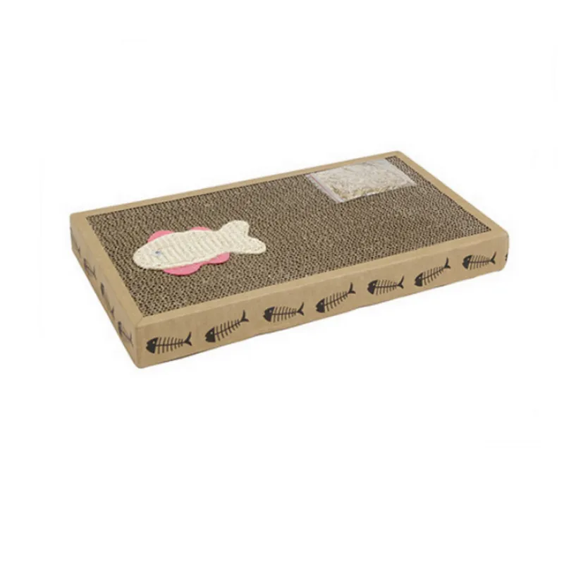 Cat scratching mat with a fun fish toy protects furniture. Durable, eco-friendly cardboard for feline playtime & care.
