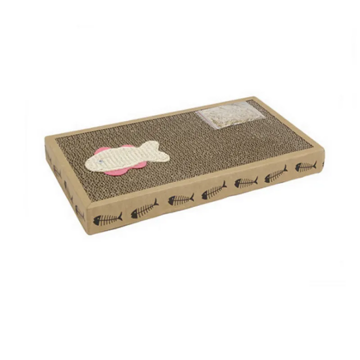 Cat scratching mat with a fun fish toy protects furniture. Durable, eco-friendly cardboard for feline playtime & care.
