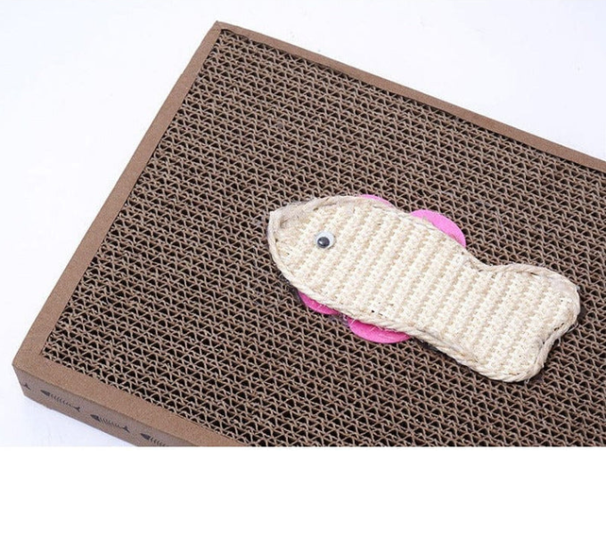 Feline fun! Eco-friendly cardboard cat scratching mat with a fish toy. Durable pet supplies for scratching & playtime.