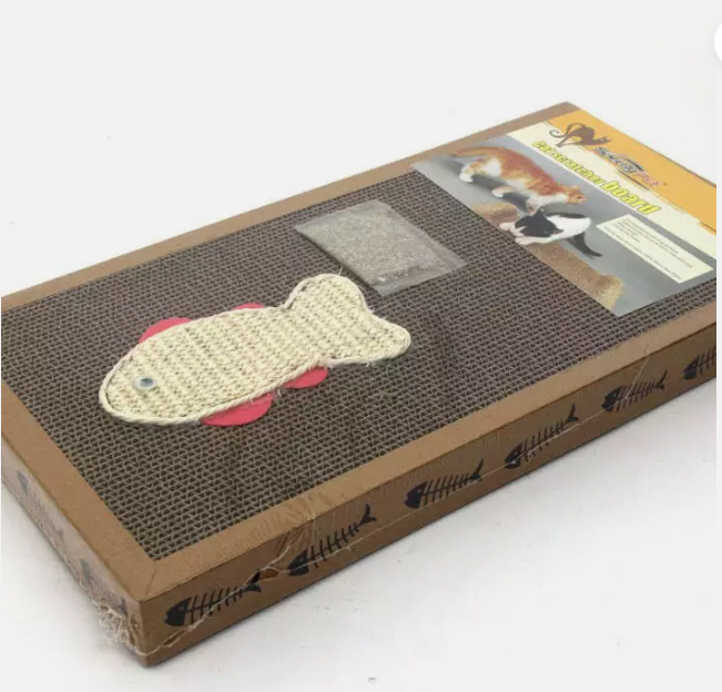 Durable, eco-friendly cat scratching mat with engaging fish toy. Cardboard scratcher provides feline playtime & protects.