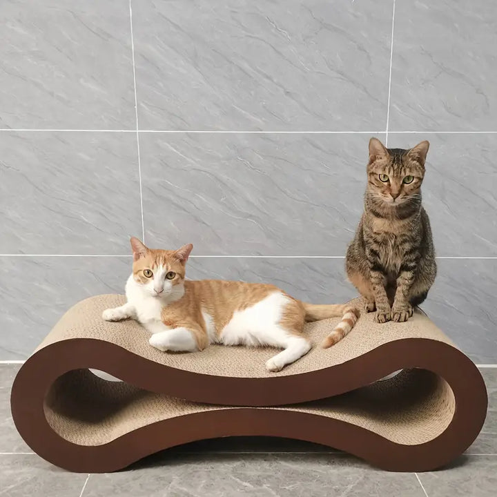 Durable infinity cardboard cat scratching bed. Eco-friendly pet lounge providing comfort and a healthy scratch surface.