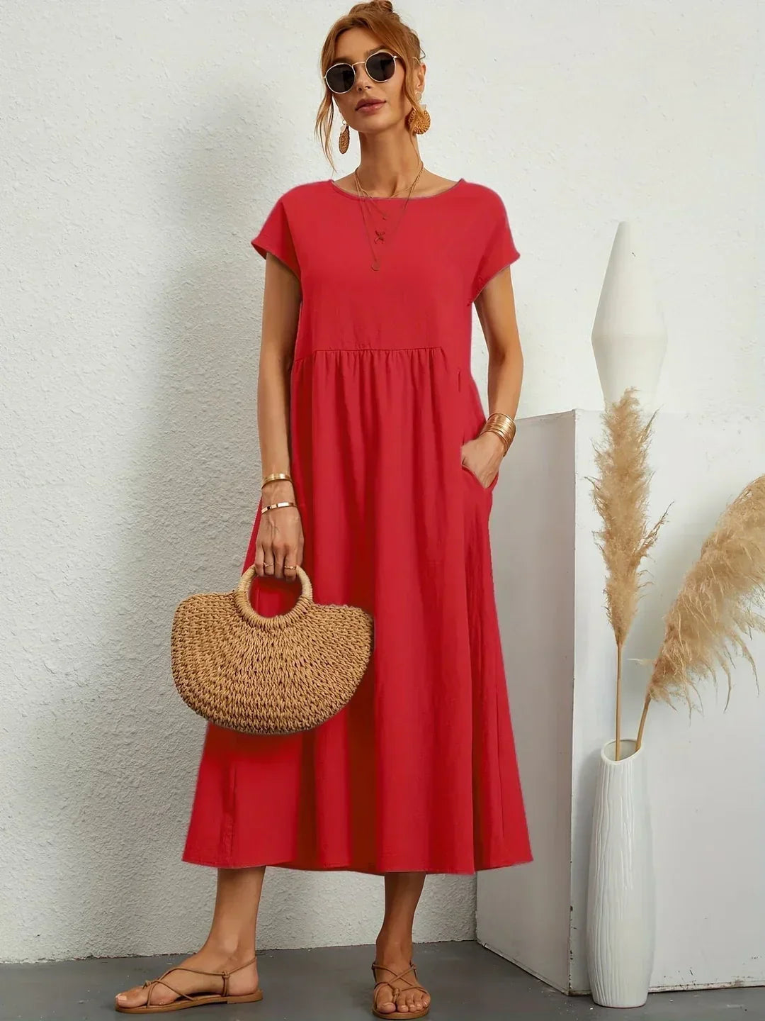 Timeless women's elegant midi dress, flowy silhouette, great for casual comfort or special events.