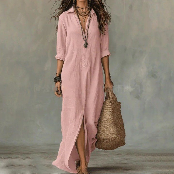 Effortless pink women's maxi shirt dress with 3/4 sleeves. Loose fit casual summer dress, perfect for everyday wear.