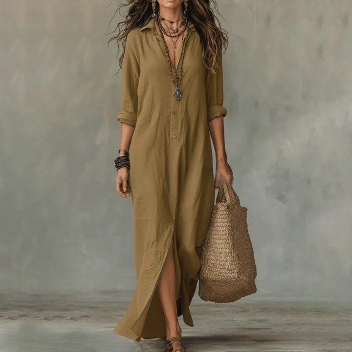 Versatile khaki women's maxi shirt dress featuring 3/4 sleeves. Casual loose fit and button-front design for summer.