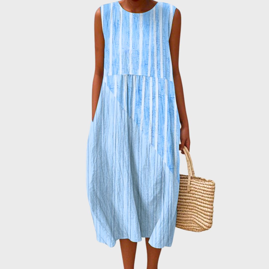 Woman wearing a comfortable, elegant midi dress. Versatile for casual outings, work, or special occasions.