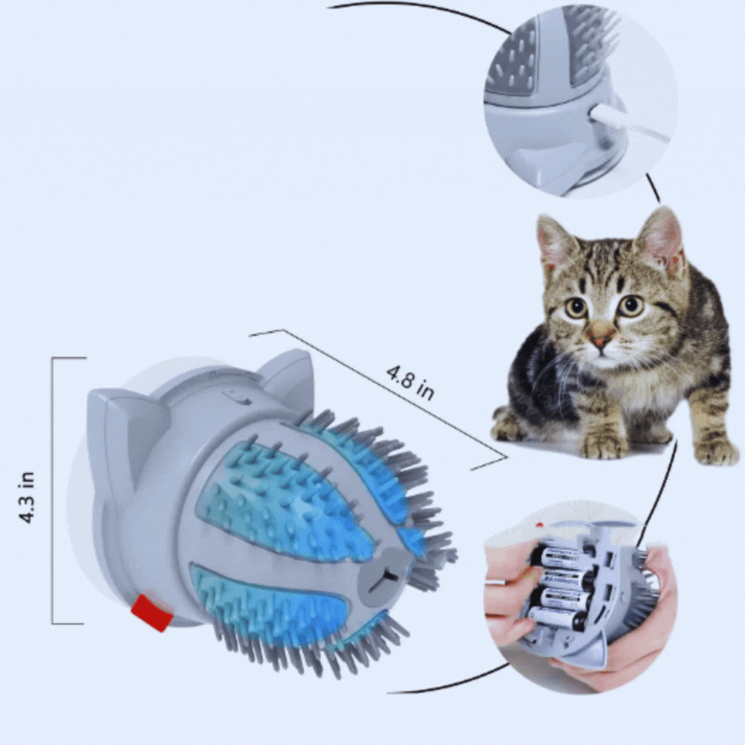 Electric cat self-massage brush with catnip, promoting grooming & relaxation for feline wellness.