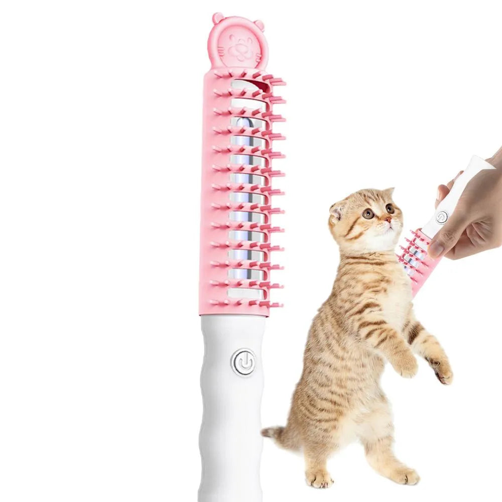 Soothing heat electric pet grooming brush for dogs & cats. Detangles fur & enhances coat health with comfort.