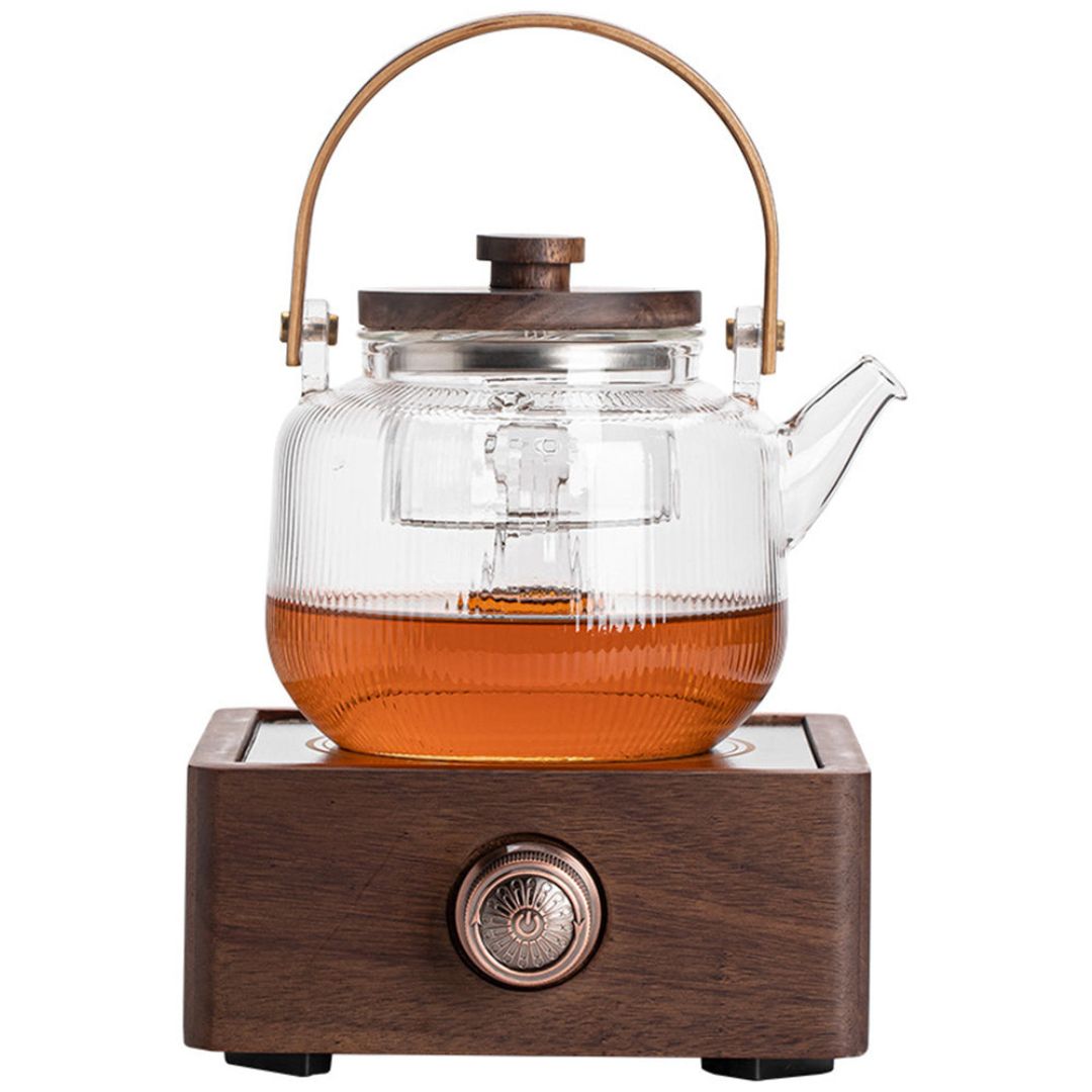 Electric tea warmer, walnut design, adjustable temp, keeps tea & coffee hot.