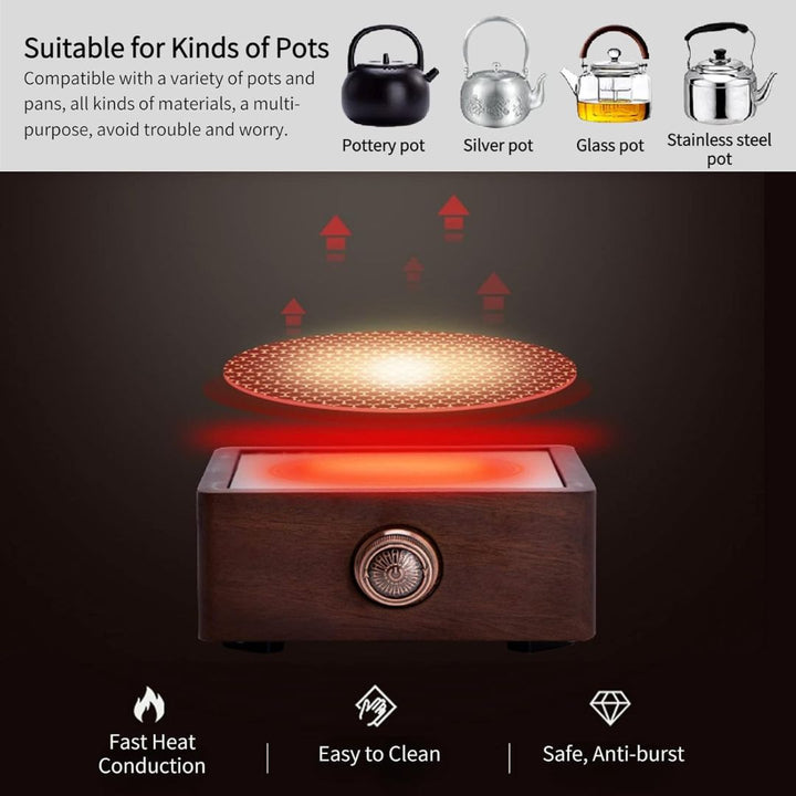 Electric tea warmer in walnut design, actively maintaining ideal beverage temperature with ease.