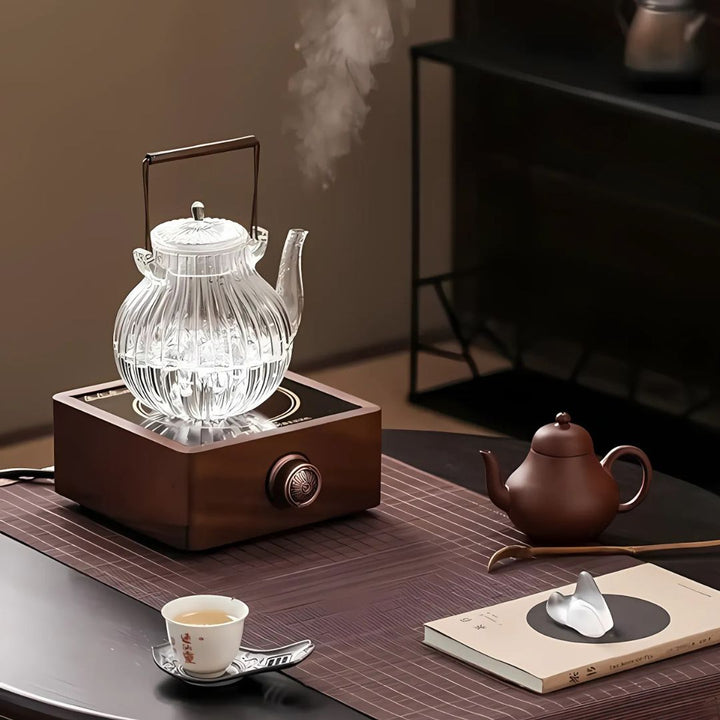 Stylish walnut electric tea warmer, adjustable for kitchen or living room, enhancing home decor.