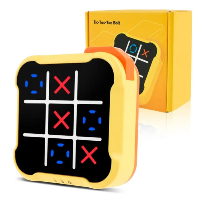 Electronic Tic-Tac-Toe board game in yellow and orange, ideal for family fun.