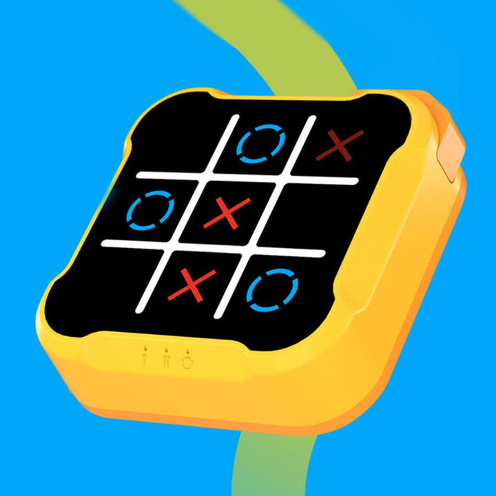Close-up of the electronic Tic-Tac-Toe game screen, showcasing interactive gameplay.