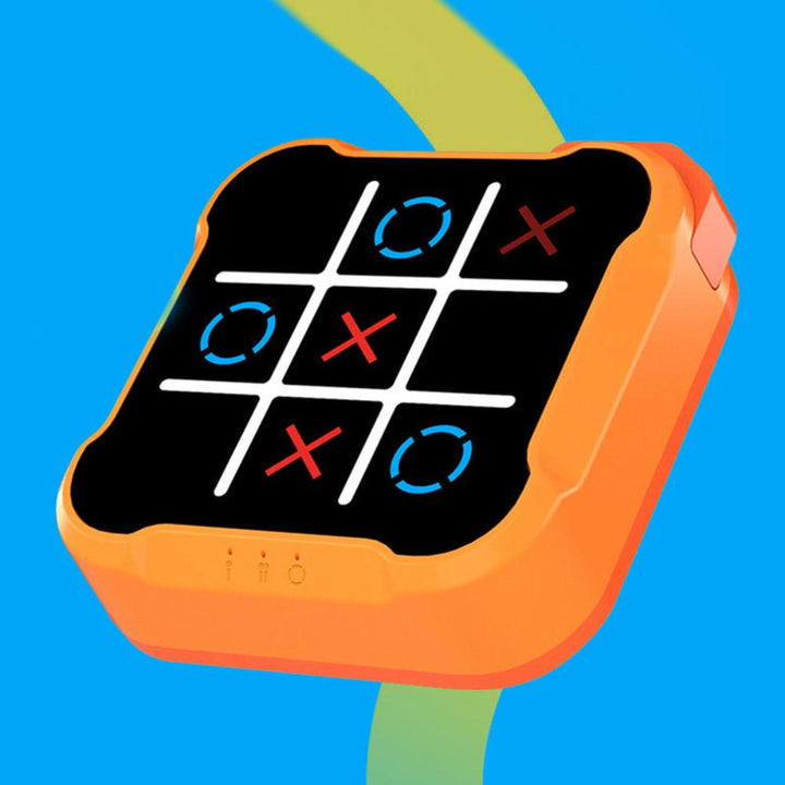 Child playing the electronic Tic-Tac-Toe game, a fun strategy and puzzle game for kids.