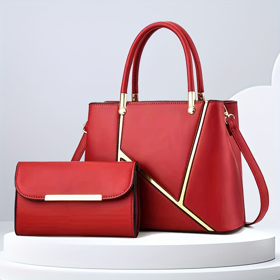 Smooth faux leather women's 2-piece handbag set. Elegant tote & compact crossbody for modern fashionistas.