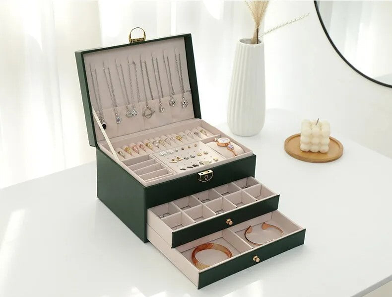Three-layer accessory keeper, an elegant and practical jewelry organizer for any dresser or desktop.