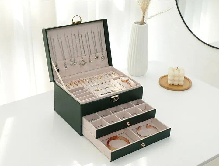 Accessory keeper: 3-layer elegant jewelry box designed for efficient storage & organization of valuables.