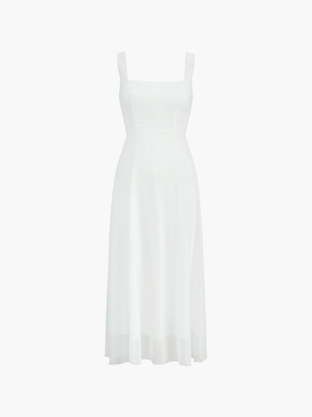 Sophisticated women's midi dress, A-line cut with square neck. Comfortable for elegant wedding guest events.